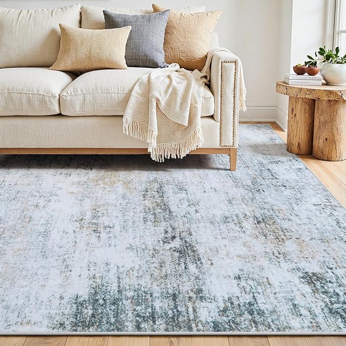 5x7 Area Rugs Washable Rug:Anti-Skid Abstract Modern Living Room Rug Soft Thin Carpets Indoor Floor Non-Shedding Carpet for Bedroom Dining Farmhouse Nursery Home Office(Blue/Grey/Gold/White, 5x7)