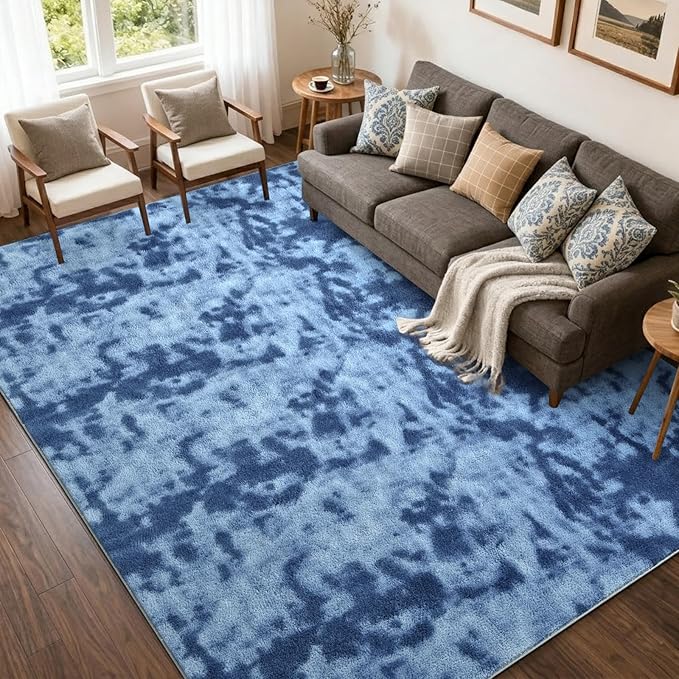 FinRèc 5x7 Washable Area Rugs for Bedroom Living Room, Low Pile Thin Ultra Soft Shag Rug, Non-Slip Carpet Indoor for Home Decor (Tie-dye Teal)