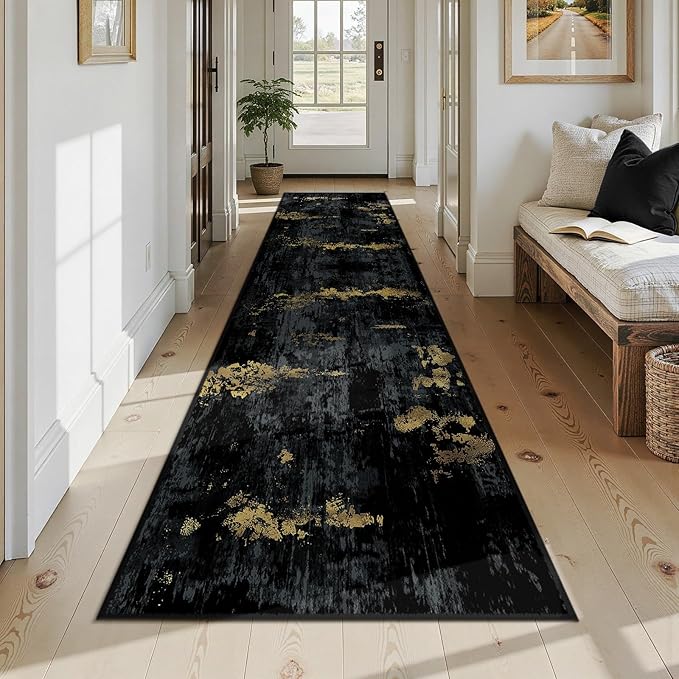 RELEANY Washable Area Rugs 2'6"x12 Non-Slip Modern Abstract Soft for Living Room Entryway Bedroom Nursery, Print Pattern, Dark Black Gold