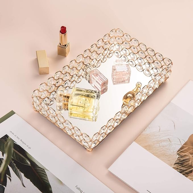 Feyarl 10 Inch Crystal Cosmetic Perfume Tray Vanity Makeup Jewelry Trinket Organizer Mirrored Decorative Tray Storage for Coffee Table Home Deco Wedding Dresser Birthday Gift (Gold)