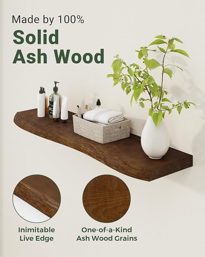 Axeman 36" Solid Wood Floating Shelves for Wall Decor, USA-Sourced Rustic Ash Wood Live Edge Shelf with Upgraded Heavy Invisible Bracket, Wall Mounted Shelf for Kitchen Bathroom Living Room, Walnut