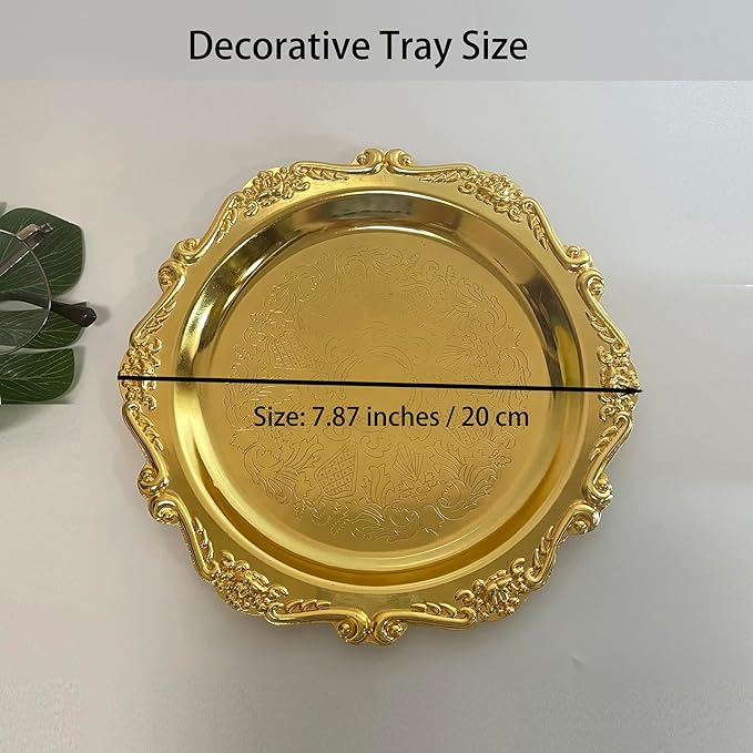 Tray Stainless Steel Decorative Trays Round Gold, Vintage Jewelry Perfume Storage Organizer with Embossed Rims, Small Display Tray Organizer for Dresser,Bedroom,Home Decor