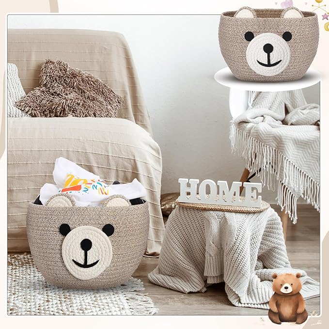 Zopeal Easter Bear Basket 13" D x 9.5" H for Nursery Cotton Rope Woven Bear Gift Empty Storage Basket with Handles Animal Hamper for Baby Shower Laundry Bathroom Home Decorative