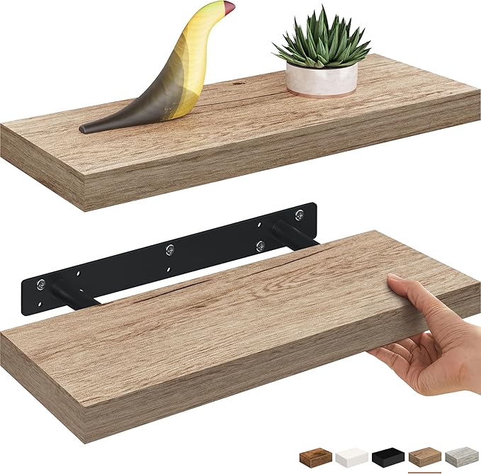 Ballucci Floating Shelves, 16" Wood Wall Shelf Set of 2, Invisible Brackets Floating Shelf Bathroom Wall Decor, Living Room, Bedroom, Kitchen, Nursery, 6" Deep, Natural Oak