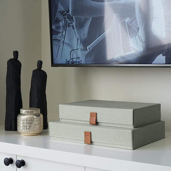 ZICOTO Decorative Photo Storage Boxes with Lids - Set of 2 Beautiful Linen Organizers Are Perfect to Safely Store Your Pictures, Documents, Scrapbooking Supplies, Keepsakes and Other Memories in Style