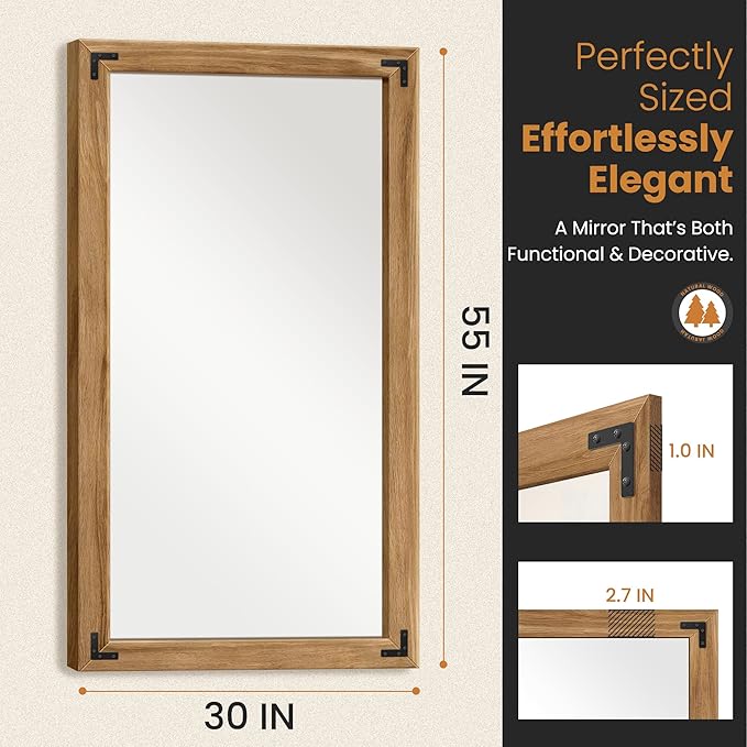 TRAHOME Full Length Mirror with Wooden Frame, 55"X30" Solid Wood Standing Floor Mirror for Farmhouse, Bathroom, Bedroom Decor, Hanging or Leaning Wall-Mounted