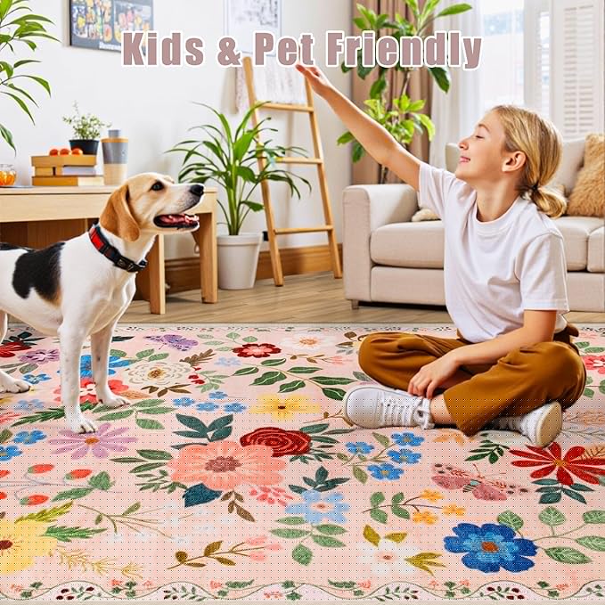 Area Rug Living Room Rugs: Floral 4x6 Washable Rug Vintage Soft Boho Non-Slip Carpet Indoor Floor Stain Resistant Large Carpets for Bedroom Dining Room Farmhouse Nursery Hallway Home Office Beige