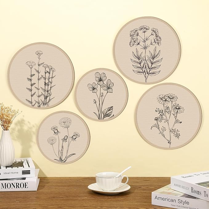 Qunclay 5 Pcs Wall Art Decor Wooden Living Room Wall Decor Bohemian Hanging Farmhouse Geometric 10'' and 8'' Aesthetic Wood Minimalist Posters for Bedroom(Floral)
