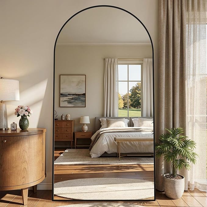 81"x41" Arched Full Length Mirror with Stand, Free Standing Leaning Wall Mounted Aluminum Alloy Frame Mirror for Bedroom Living Room Cloakroom, Black