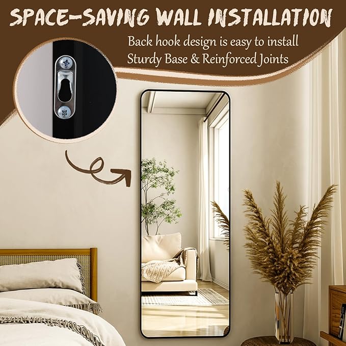 XRAMFY 56"x21" Floor Full Length Mirror Standing Full Body Rounded Corner Rectangle Mirrors with Stand Hanging Wall Mounted Leaning Bedroom Living Room Bedroom Cloakroom,Black