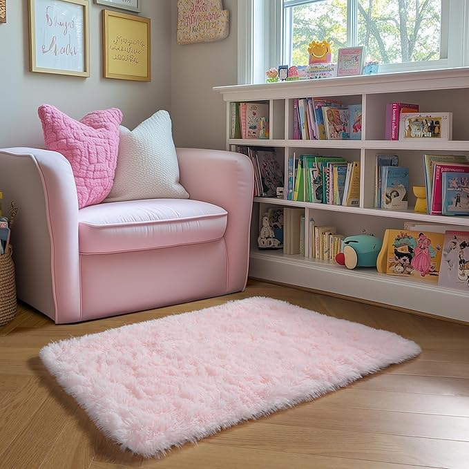 Amdrebio Pink 2x3 Mini Area Rugs for Girls Bedroom, Small Cute Fluffy Shaggy Soft Rug for Kids Room Decor, Shag Fuzzy Throw Floor Carpet for Door Entryway Reading Corner Baby Nursery Preppy Dorm