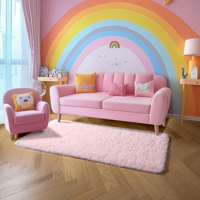 Amdrebio Pink Runner Rug 2x6 for Girls Bedroom, Fluffy Shaggy Bedside Floor Area Rugs for Kids Room Decor, Cute Shag Fuzzy Thick Carpet for Teens Toddler Baby Nursery Preppy Dorm Classroom Playroom