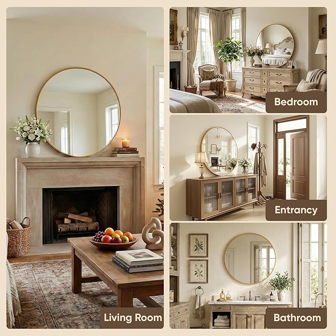 Antok 20 Inch Round Mirror for Wall, Round Bathroom Mirror, Circle Wall Mirrors with Gold Metal Frame, Circle Mirrors Suitable for Wall, Bathroom, Vanity, Living Room, Entryway