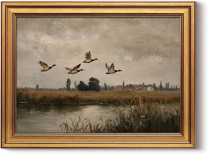 InSimSea Gold Framed Canvas Prints Wall Art, Vintage Bedroom Decor, Flying Ducks Landscape Paintings Farmhouse Wall Decor, Rustic Countryside Pictures for Living Room Shelf, 12x16inch