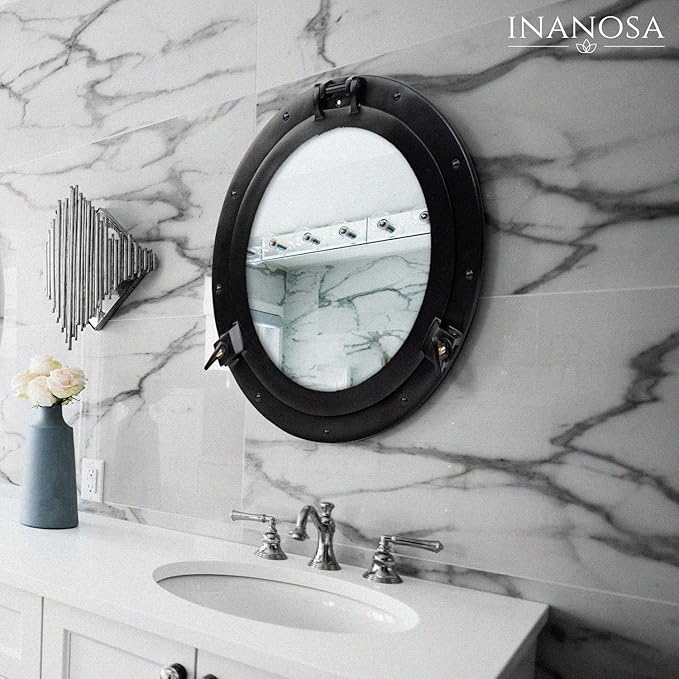 12 Inch Bathroom Wall Decor Ship Porthole Mirror with Black Finish – Vintage Round Wall Mounted Mirror for Bathroom Vanity, Nautical Pirate Coastal Vintage Home Décor