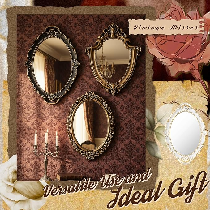 Beeveer 3 Style Vintage Mirrors Set Decorative Oval Wall Mirror Small Antique Mirrored Tray Decorative Hanging Mirror for Bathroom Bedroom Jewelry Organizer Victorian Decor (Shield,Antique Gold)