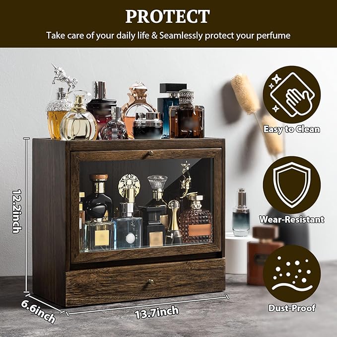 Emfogo Cologne Organizer for Men, Solid Wood Perfumes Organizer for Men Dresser, Large Capacity Dustproof Cologne Holder with Drawer Storage Perfume Stand Organizer, Ideal Gift for Loved ones