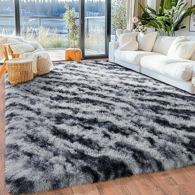 Area Rugs 9x12 for Living Room, Ultra Soft Fluffy Rugs for Bedroom, Non-Slip Furry Large Rug for Teen Girls and Boys,Nursery Kid Room Dorm Home Decor, High Pile Plush Floor Carpet, Tie Dyed Stripes