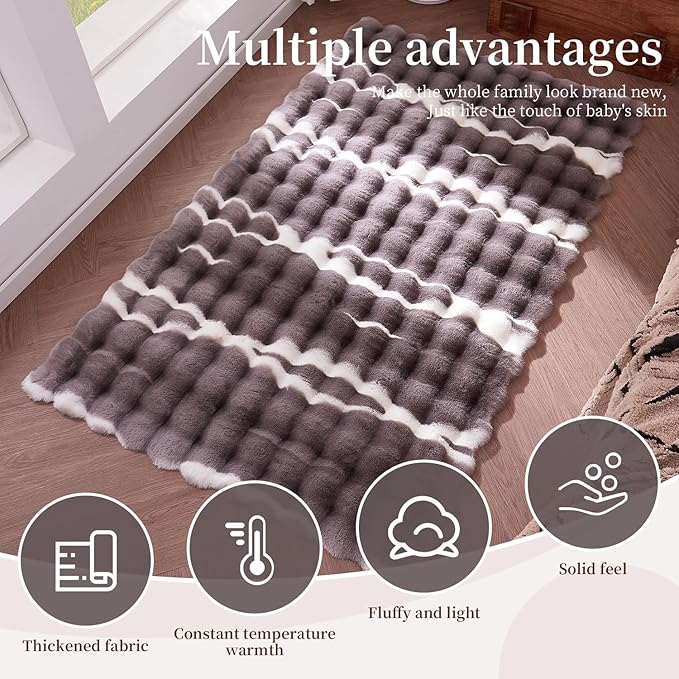 3x5-foot Synthetic Rabbit Fur Rug, Multicolor Bubble-Patterned Velour Design. Soft, Plush, Slip-Resistant, and Machine Washable. Ideal for Living Rooms and bedrooms as a Rectangular Area Rug