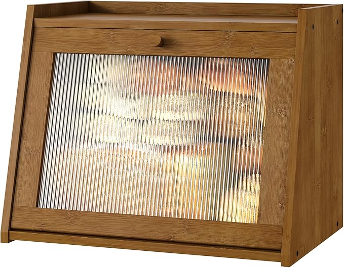 kiplant Large Bread Box for Kitchen Counter, Brown Bamboo Bread Storage Container with Wavy Arcylic Transparent Door, Bamboo Wooden Farmhouse Bread Box for Your House