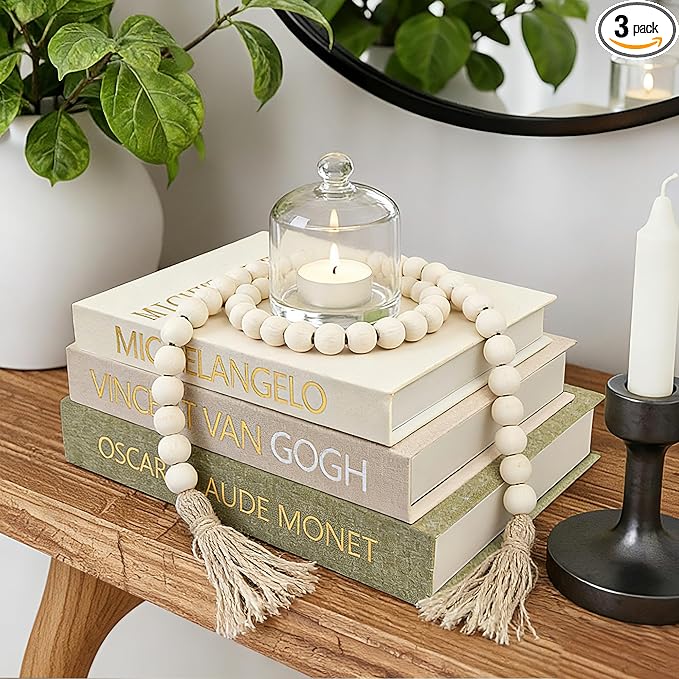 Aesthetic Decorative Books for Home Decor w. Wood Bead - Set of 3 Linen Fake Books for Decoration, Coffee Table Book Box Decor for Mantle/Bookshelf/Farmhouse/Entryway/Nightstand