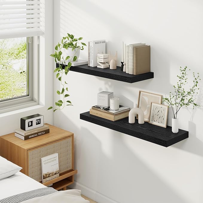 Fun Memories 9.3Inch Deep Floating Shelves for Wall, 32 Inch Rustic Wood Wall Mounted Shelves for Bathroom, Bedroom, Kitchen, Deep Floating Shelf for Storage & Home Decor (Black, Set of 2)