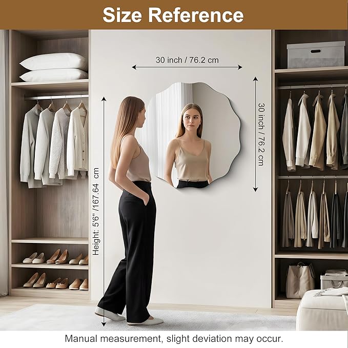 CILIBER Frameless Wavy Round Mirror, 30'' Scalloped Circle Wall Mirror, 3mm Tempered Glass Decorative Bathroom Vanity Mirror, Mounting/Leaning for Mantel, Living Room, Bedroom and Entryway