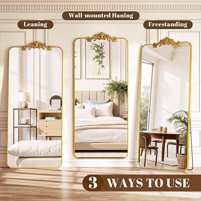 Vintage Full Length Mirror, 76"x34" Floor Mirror with Carved, Full Body Mirrors for Home Decor, Standing/Hanging Large Wall Mirrors for Bedroom/Living Room/Entryway, Gold, Retro Style