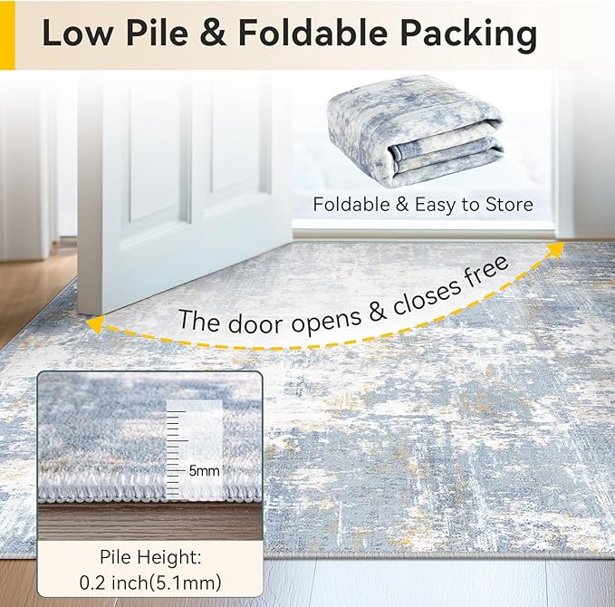 RELEANY Washable Area Rugs 5'x7' Non-Slip Modern Abstract Soft for Living Room Entryway Bedroom Nursery, Print Pattern, Light Blue