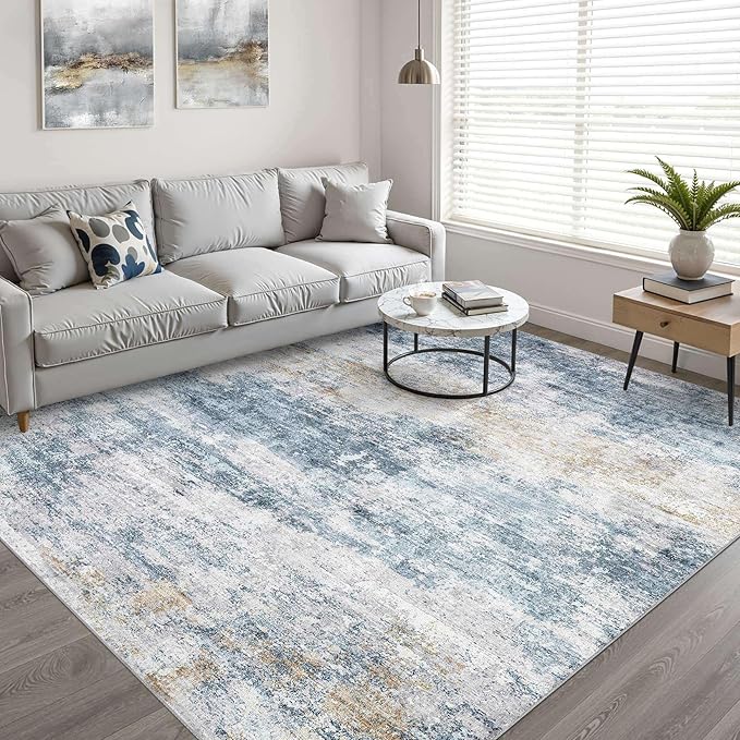 9x12 Area Rug Living Room: Washable Large Neutral Rugs Abstract Soft Modern Stain Resistant Indoor Floor Non-Slip Carpet for Bedroom Nursery Kids Office Playroom Dining Room Under Table- Blue Gold