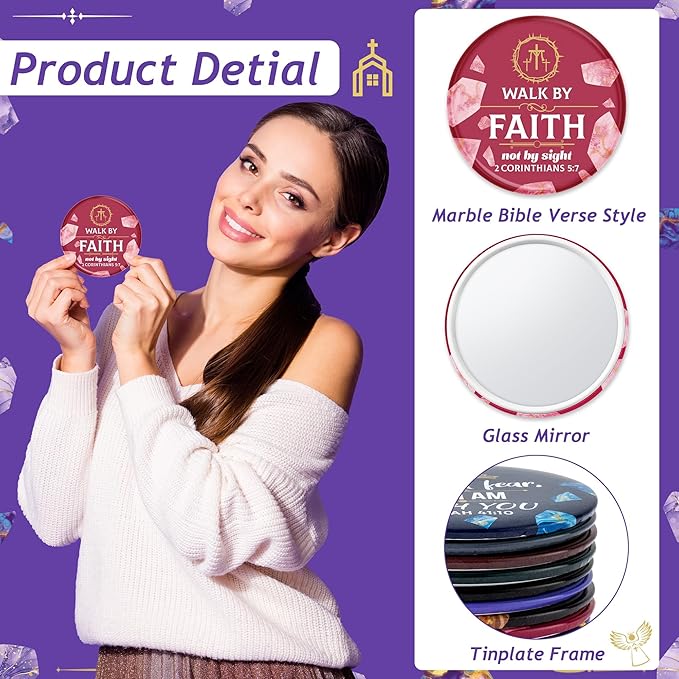 Y1tvei Christian Gifts Mirrors Bulk - 36Pcs Marble Pattern Bible Verse Mini Mirrors Inspirational Small Portable Pocket Makeup Mirror Gifts for Women Church Birthday Christmas Galentine Party Favors