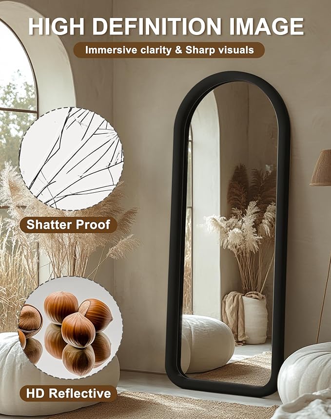 Delma Arched Full Length Mirror, Free Standing Floor Velvet Finish Frame Mirror for Leaning or Hanging, Soft Touch Bedroom & Living Room Decor, Black