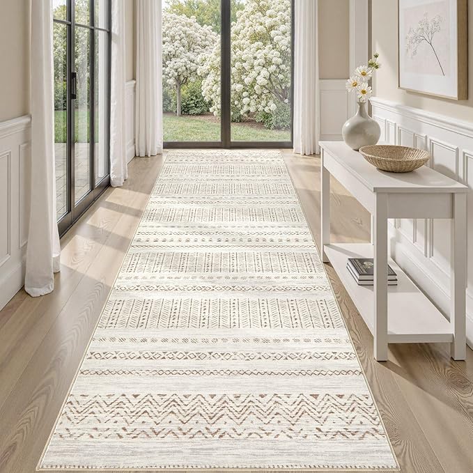 cotiled Hallway 3x10 Runner Rugs: Washable Boho Rugs with Non Slip Backing Large Soft Indoor Stain Resistant Carpet for Living Room Bedroom Farmhouse Dining Room Lightweight Home Decor Brown/Cream