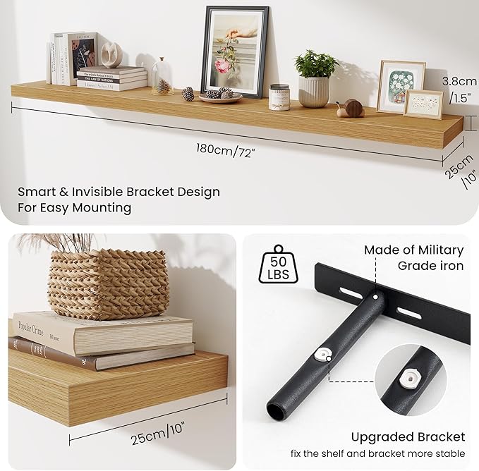 Fun Memories 72 Inch Fireplace Mantel Shelf, 10 Inch Deep Shelves for Display & Wall Storage, Rustic Wood Wall Shelf, Extra Long Floating Shelves for Living Room Laundry Room, Oak, Set of 1