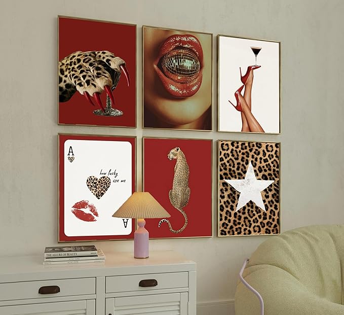 6pcs Trendy Red Fashion Leopard Wall Art Funky Lucky Wall Decor Ace Of Hearts Spades Poker Canvas Prints Vintage Room Aesthetic Pictures Posters Cheetah Painting for Girly Apartment Dorm Unframed
