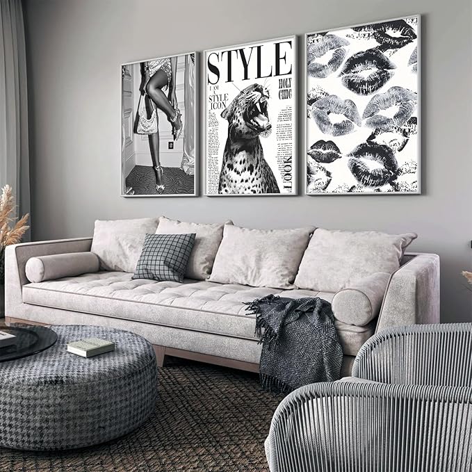 Trendy Leopard Wall Art Black and White Cheetah Canvas Wall Decor Fashion Preppy Room Poster Vintage Y2k Aesthetic Prints Funky Heels Lips Pictures Artwork for Girl Bedroom 16x24x3 Inch Unframed