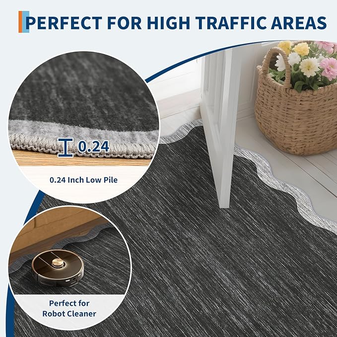 GarveeHome Scalloped Area Rug 4x6 - Washable Boho Bordered Non-Slip Entryway Rug, Neutral Farmhouse Living Room Rug Soft Throw Rugs for Entrance Hallway Bedroom Kitchen Nursery, Black