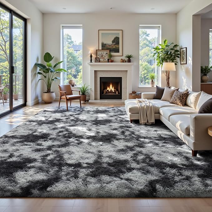 Modern Soft Fluffy Small Shaggy Rug for Bedroom Livingroom Dorm Kids Room Indoor Home Decorative, Non-Slip Plush Furry Fur Area Rugs Comfy Nursery Floor Carpet 7X10 Feet,Tie-Dyed Deep Grey