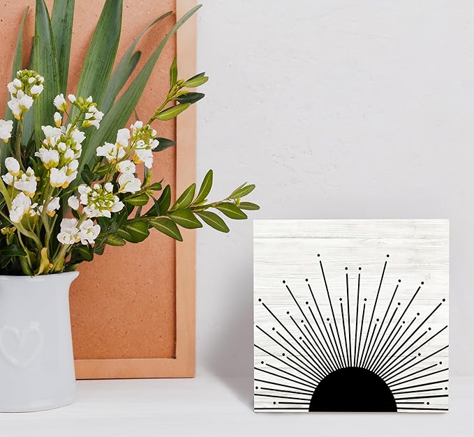 SRADMO Abstract Boho Black Sun Sunrise Sunset Sunshine Sunray Rustic Wood Box Sign Desk Decor Boho Mid Century Modern Art Wooden Block Box Sign Decoration For Home Wall Shelf Table Office Decor