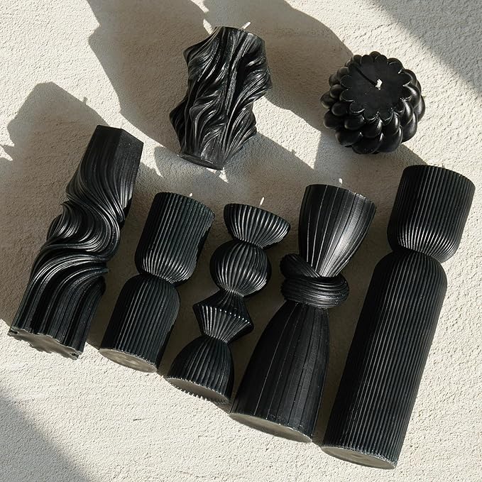 7-Pack Pillar Candles - Soy Wax Handmade Ribbed Candles for Home Decor, Housewarming Gift, Shelf & Table Decor - Aesthetic Modern Candles Set (Black)