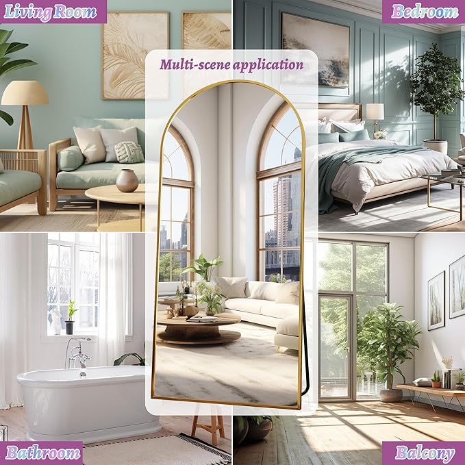 Full Length Mirror, 71"x32" Arched Floor Mirror Freestanding, Oversized Floor Standing Full Body Mirror with Stand for Bedroom, Hanging Mounted for Living Room Cloakroom, Gold
