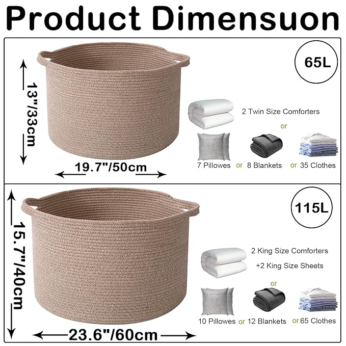 65L Large Blanket Basket,Woven Rope Laundry Basket Hamper with Handles,Decorative Nursery Basket Storage Bin for Toys, Pillows , Clothes Organizer, Living Room, Bedroom, Bathroom, Brown