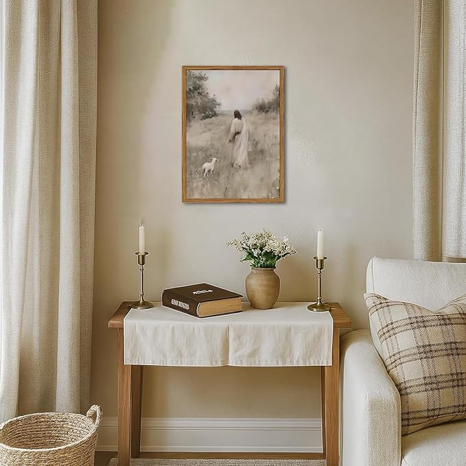 Jesus Leaves The 99 Sheep Wall Art Painting, Vintage Shepherd Christian Wall Decor Lost Lamb Religion Artwork 3D Textured Hand Drawn Sandstone for Living Prayer Room Bedroom 12x16 inch Wood Framed