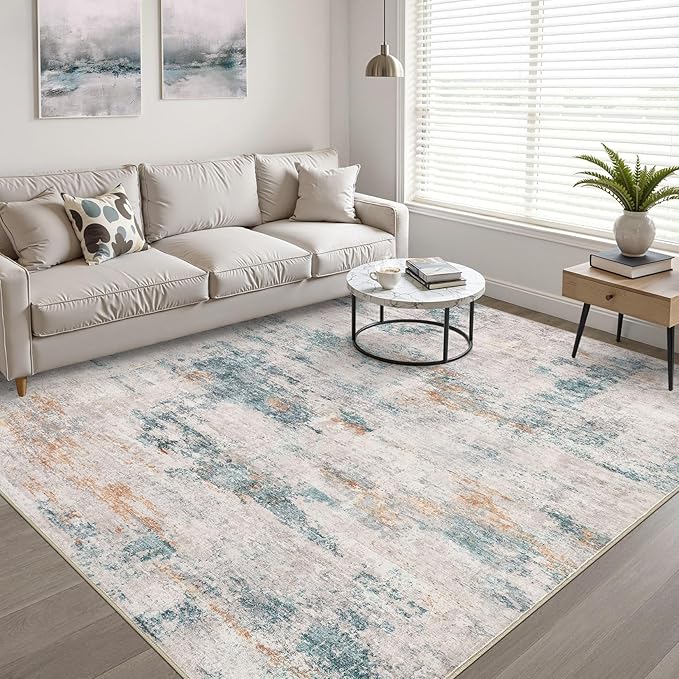 6x9 Area Rugs Living Room: Washable Large Neutral Aqua Brown Rug Abstract Soft Modern Stain Resistant Indoor Floor Non-Slip Carpet for Bedroom Nursery Kids Office Playroom Dining Room Under Table