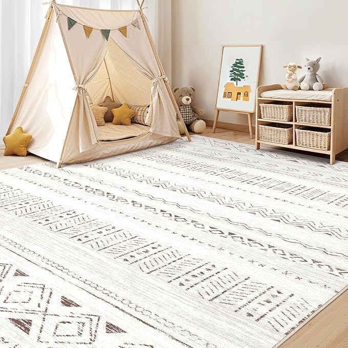 cotiled 6x8 Area Rug Living Room: Washable Boho Rugs with Non Slip Backing Large Soft Indoor Stain Resistant Carpet for Bedroom Farmhouse Dining Room Lightweight Home Decor L Brown/Cream