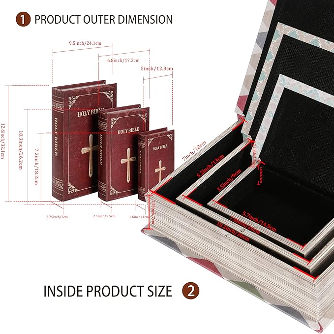 Wooden Book Box Set of 3 with Magnetic Closure and Classic Bible Design Leather Cover, Non-Woven Fabric Interior, Decorative Secret Storage for Bookshelves and Home Office