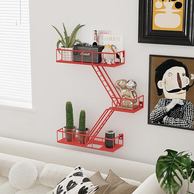 Fire Escape Shelf - 3 Tier Metal Red Fire Escape Wall Shelves with Baskets, New York Action Figurine Display Shelf, Unique Rustic Floating Decorative Wall Shelves for Any Room