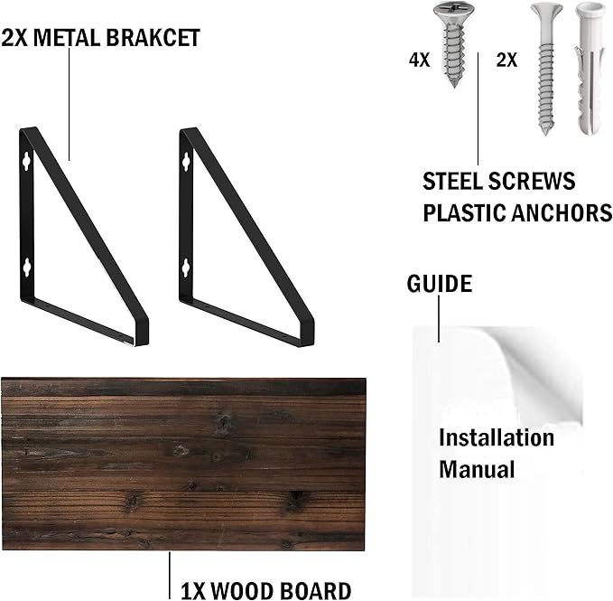BAMEOS Floating Shelves Rustic Wood Wall Shelf Wall Mounted Shelves for Living Room, Office, and Bedroom, with Metal Bracket