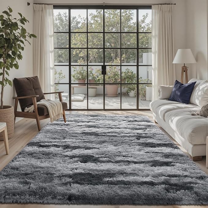 5x7 Ft Large Shag Rug for Living Room Bedroom,Tie-Dyed Ultra Soft Fluffy Furry Area Rug, Aesthetic Grey Carpet for Indoor Floor Home Decor
