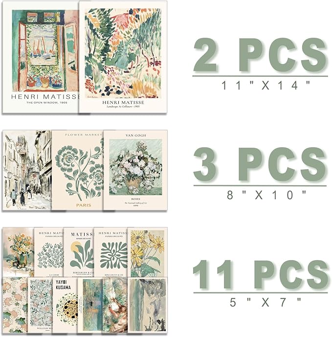 ANERZA 16 PCS Sage Green Wall Art Decor, Matisse Wall Prints for Bedroom, Abstract Posters for Room Aesthetic, Wall Collage Kit Pictures for Living Room, Eclectic Boho Vintage Dorm Gallery Home Decor